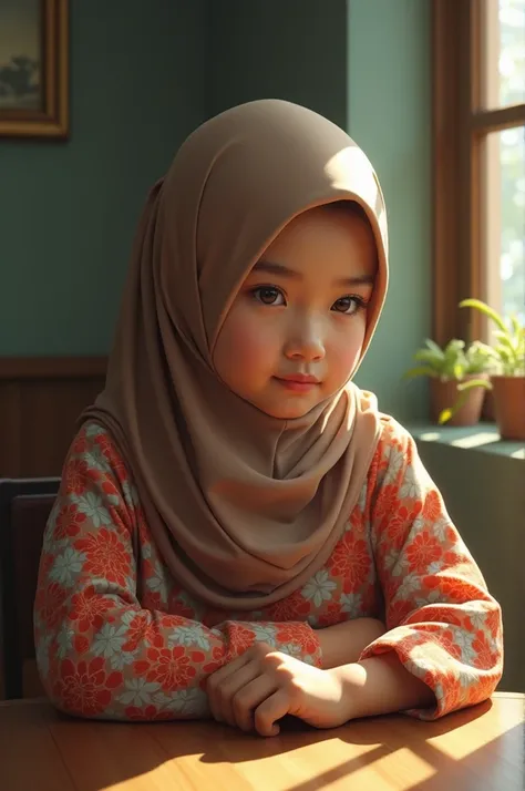 "Realistic image of a young Indonesian girl wearing a light brown hijab and a colorful floral-patterned outfit. She sits with her hands folded on the table, looking calm and content. The background shows a room with natural light streaming in from a window...