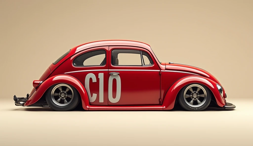 A highly detailed and realistic rendering of a modified (Volkswagen Beetle C10)  shown in a (side)profile view. The car has a sleek, elongated body with a low stance, wide fender flares, and an aggressive aerodynamic kit. It is painted in glossy red garnis...