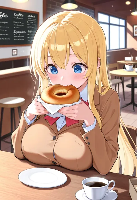 a high school girl, big tits, blond long hair, blue eyes, school uniform, cafe, biting donuts, happiness