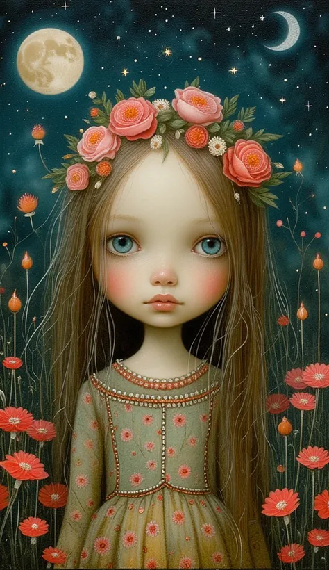 "Create a captivating artwork featuring a young girl with large, expressive blue eyes and long, flowing hair adorned with a vibrant floral crown. She should be wearing a richly patterned dress with earthy colors. Surround her with a mystical night scene, i...