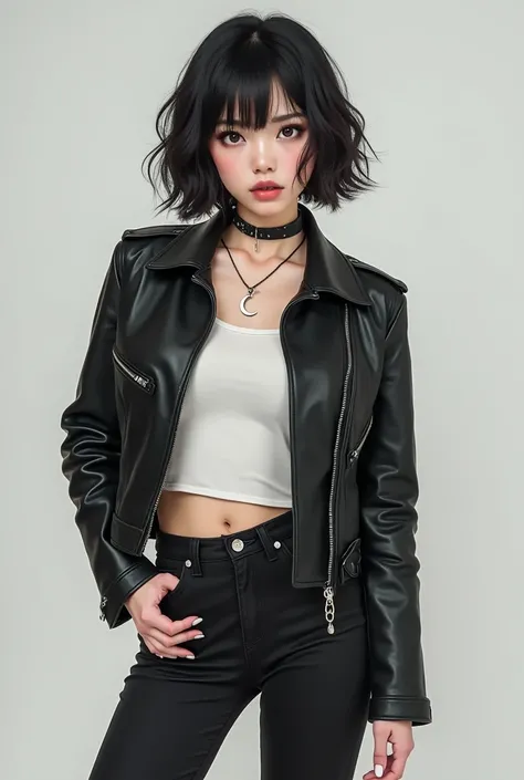  create an image of a Korean woman with black hair and eyes,  with short Tomboy style hair , With an athletic body ,  wearing a white Cropped ,  black leather jacket,  black jeans and black boot .  with a moon necklace and a ring ring 