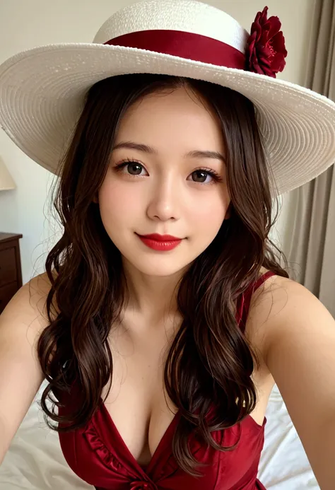 ( masterpiece,   high quality,  hat,   realistic photo selfie,   photography),   Beautiful Girl ,  age 23 to 28 years old ,   full face photo  ,   with light eyes  ,   with long wavy hair on her shoulders ,   beautiful breasts,   beautiful and detailed fac...