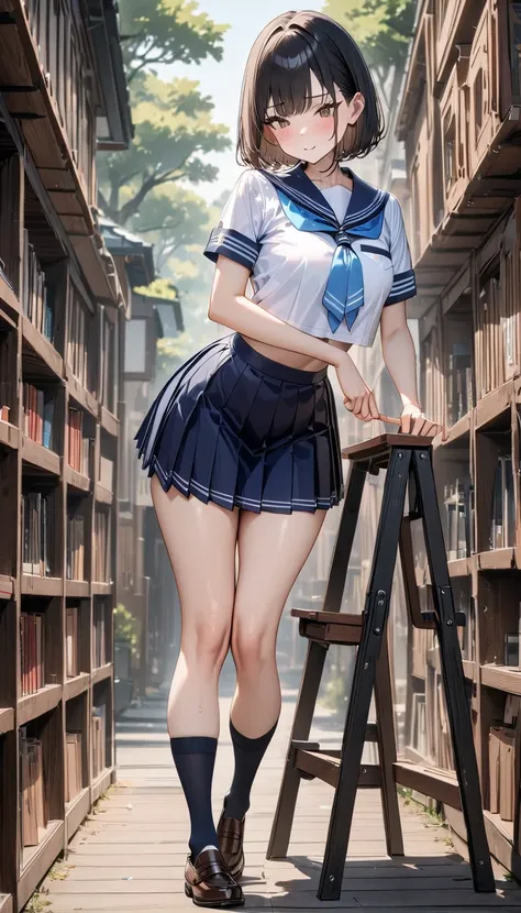  Browsing Caution,​( detailed face, highest quality, 8k,  Masterpiece:1.3, beautiful girl), ( very detailed) glowing skin,((Short sleeve, Cute navy sailor suit,  Navy Pleated Skirt , Navy sailor collar , Blue Sailor Scarf,  socks,  brown loafers)), ,( perf...