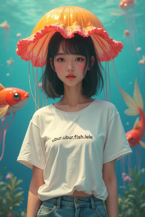  a beautiful young Asian woman with a small size wearing a white t-shirt with the name UBUR written.UBUR.fish.Lele. Pictured in front of a jellyfish shirt and catfish wearing cargo pants