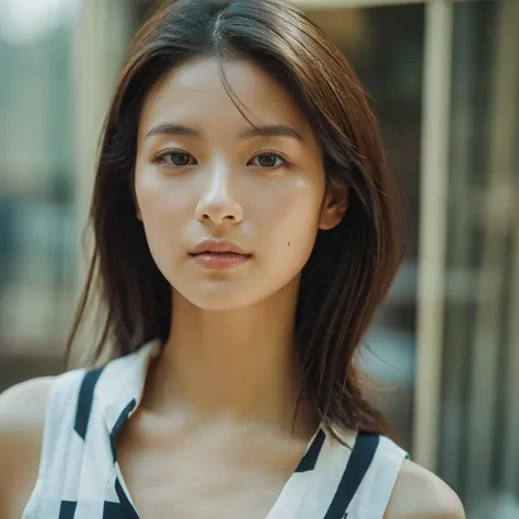 A hyper-realistic image of a single Japanese woman in her early 20s, captured with the nostalgic warmth and subtle graininess of a film camera. Her skin has a warm beige tone with a natural, slightly rough texture that includes visible pores, fine lines, a...