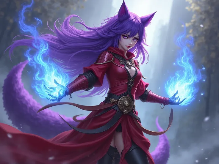 long bright purple haired neko woman with narrow purple eyes and a long thick fluffy purple tail, pale skin, wearing red fantasy mage armor, conjuring blue flames from her hands, and twirling as she attacks an enemy