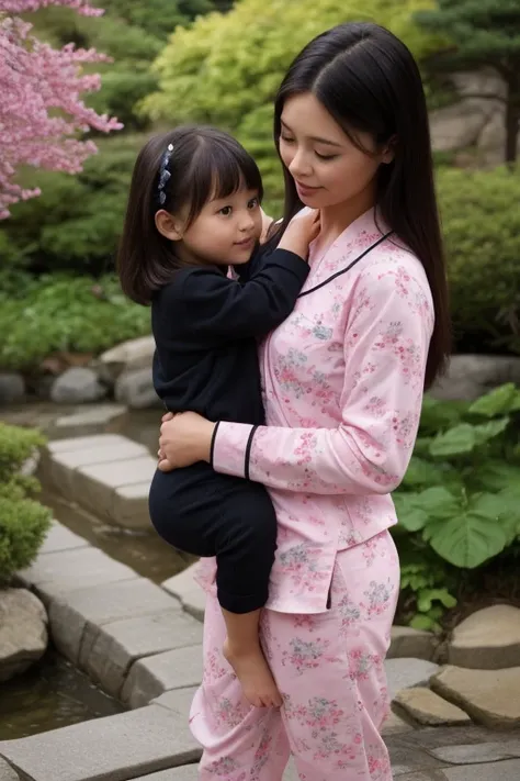 Pretty woman (age 35 years) with a beautiful ass, dressed in thong panties (black) holding the hand of a little daughter who is dressed in pink pajamas, japanese garden as background 