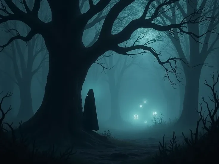 A dark, misty forest at midnight, with twisted trees and eerie glowing lights in the distance. A shadowy figure stands partially hidden behind a tree, creating an atmosphere of suspense and mystery.