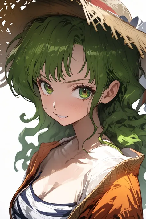  masterpiece,   rolled up ),  complex details ,  1 girl, woman,  green hair, Us \ (One Piece\), ( long hair), Shirt, white Shirt, weiblicher Fokus, Clothing,  orange kimono , sarashi, Natur, Landscape,  upper body, straw hat, ((Front view)) (( Close Up )) ...