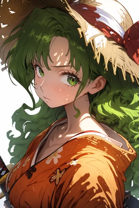  masterpiece,   rolled up ),  complex details ,  1 girl, woman,  green hair, Us \ (One Piece\), ( long hair), Shirt, white Shirt, weiblicher Fokus, Clothing,  orange kimono , sarashi, Natur, Landscape,  upper body, straw hat, ((Front view)) (( Close Up )) ...