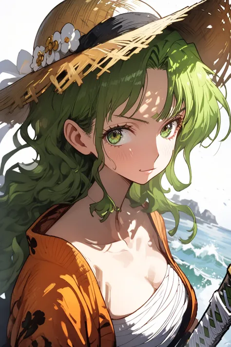  masterpiece,   rolled up ),  complex details ,  1 girl, woman,  green hair, Us \ (One Piece\), ( long hair), Shirt, white Shirt, weiblicher Fokus, Clothing,  orange kimono , sarashi, Natur, Landscape,  upper body, straw hat, ((Front view)) (( Close Up )) ...