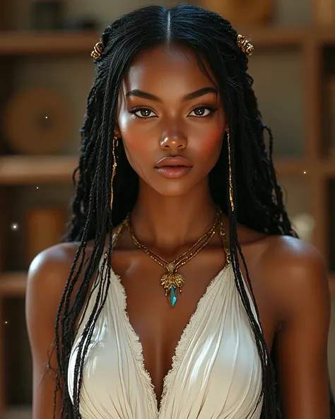 Woman, 19 years old, stunningly beautiful, long and lean body, creamy brown skin, long black hair in thin braids with golden hair jewellery, brown eyes, golden accessories, modest long white greek dres, wise, intelligent, bold, blunt, High Resolution, Mast...