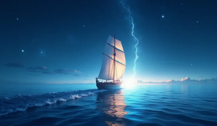 Heroic bright sailboat in clear midnight sky, white sails in the wind, sky full of bright stars,  glowing constellation of stars, calm rippling ocean, sailing to the end of the horizon