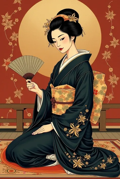 Carafe wearing a kimono sitting on a rug holding a fan, Fine art painting inspired by Uemura Shoen  ,  Popular on Artstation , ukiyo-e, Japanese art style, Japanese goddesses, palace ， Girl in Hanfu, japanese geisha, Japanese art, In kimono, geisha, intric...