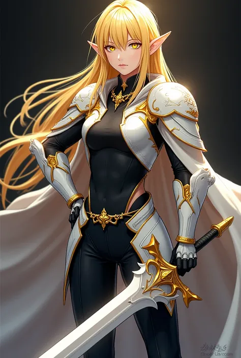 ( artwork,  top quality,  borrowed letter ,  official art ,  beautiful and aesthetic  :1.2)  female, Elfa from anime, long yellow spiked hair,  golden eyes,  white and gold armor, wearing white cape, black and gold , black t-shirt and pants ,  wielding a w...