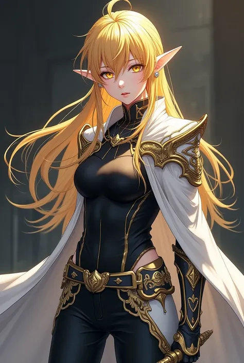 ( artwork,  top quality,  borrowed letter ,  official art ,  beautiful and aesthetic  :1.2)  female, Elfa from anime, long yellow spiked hair,  golden eyes,  white and gold armor, wearing white cape, black and gold , black t-shirt and pants ,  wielding a w...