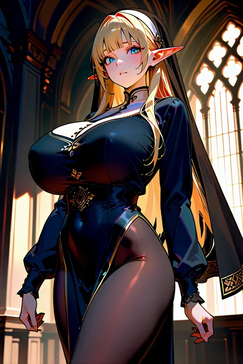  color balance 、 Masterpiece,  highest quality,  high resolution, huge breasts, standing、British women、Alone,  blonde,  with long hair  ,  Straight Hair ,   elf ears、Cut bangs , Light blue eyes,atomicmrshmallw,　black tabard,　navy blue long one-peace、black ...