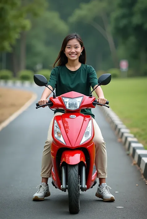 (photorealism: 1.2), A young person of likely Southeast Asian ethnicity, positioned in the mid-ground of the image, is seated on a red and white motorcycle. The person is a teenager or young adult, dressed in a dark green top with a lighter colored, possib...