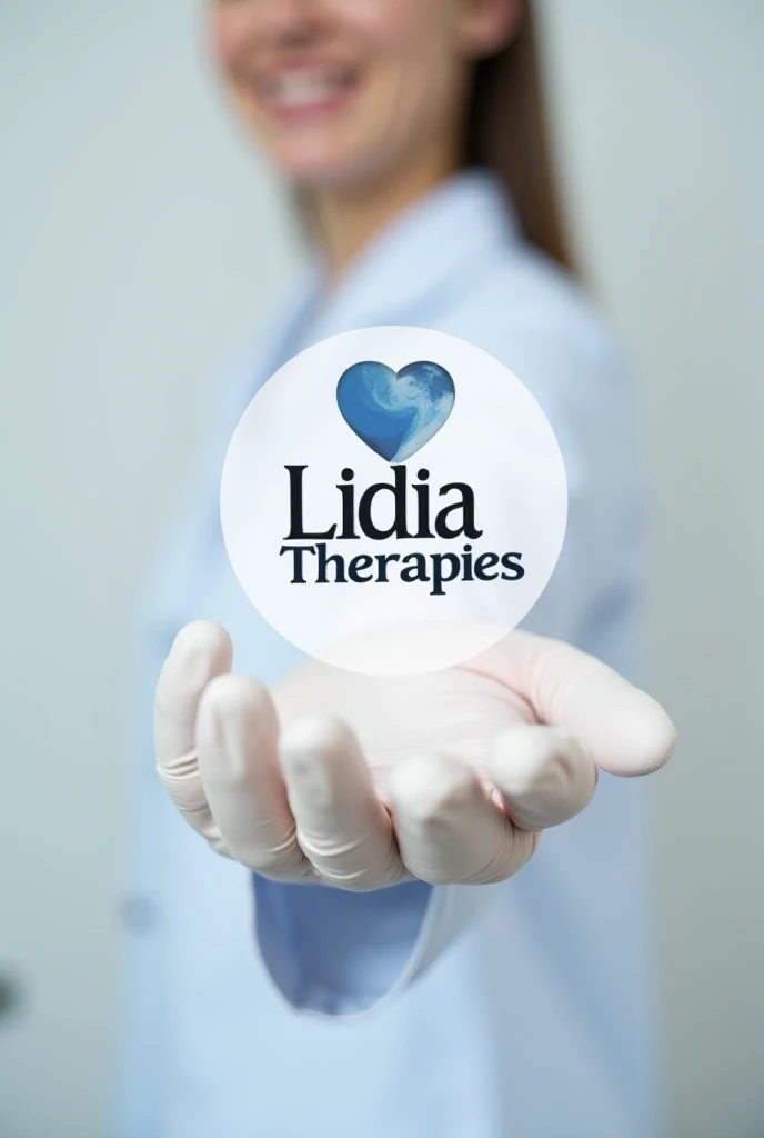 She holds the Lidia Therapies logo in her hand and the glove is short, made of thick white cotton