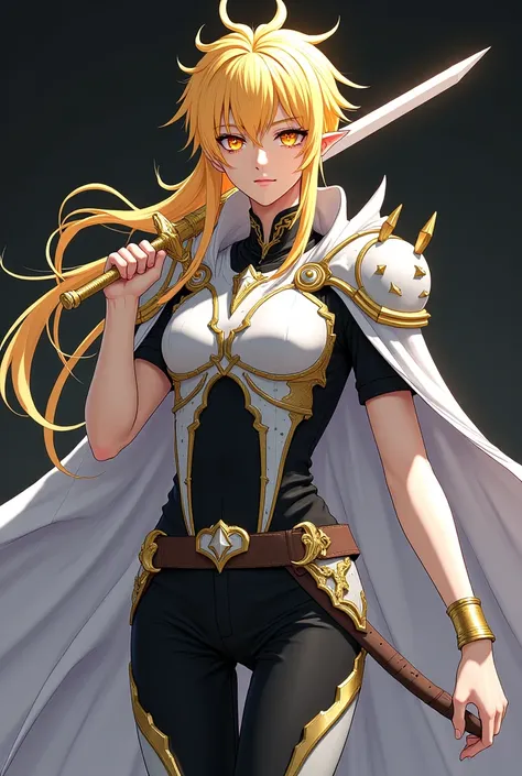 ( artwork,  top quality,  borrowed letter ,  official art ,  beautiful and aesthetic  :1.2)  female, Elfa from anime, long yellow spiked hair,  golden eyes,  white and gold armor, wearing white cape, black and gold , black t-shirt and pants ,  wielding a w...