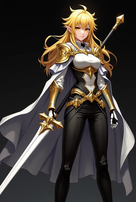 ( artwork,  top quality,  borrowed letter ,  official art ,  beautiful and aesthetic  :1.2)  female, Elfa from anime, long yellow spiked hair,  golden eyes,  white and gold armor, wearing white cape, black and gold , black t-shirt and pants ,  wielding a w...