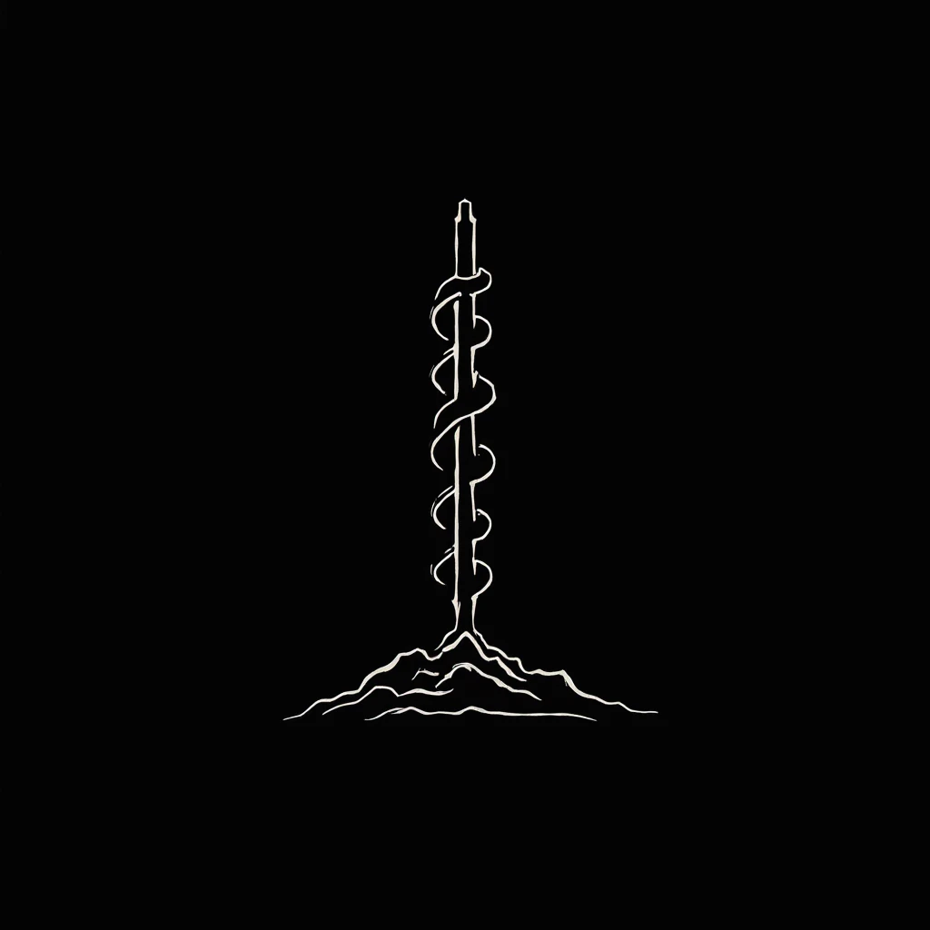 Logo. minimalistic white drawing of a very thick, cone-shaped mining drill. black background