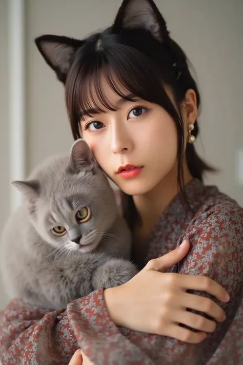 (( Masterpiece,  highest quality,  best image quality,  high resolution,  by Nomi,  RAW Photo , 8k,   bound by high-definition CG synthesis 8K wallpaper))Cat ears, sexy、 Japanese Women、 full body shot,A woman with cat ears is holding a cat 