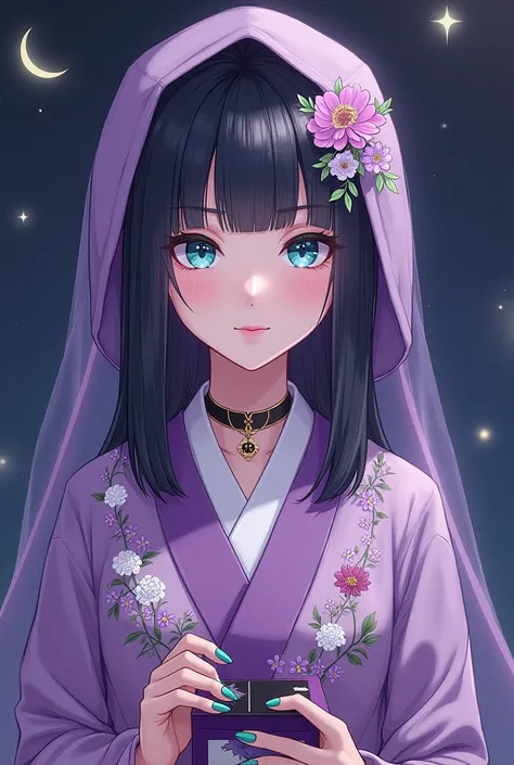  Please make an image with the following content。 
 fortune teller name 「HANAMOKO」 
theme: tarot reading
Based on the color :With lavender as the base
eye color: aqua blue
hairstyle: straight black hair、Bob 
ages:28 years old〜33 years old
Gender :womanhood...