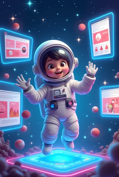 Cartoon marketing consultant. an astronaut,  that shows web pages advertising on the internet, Increase sales