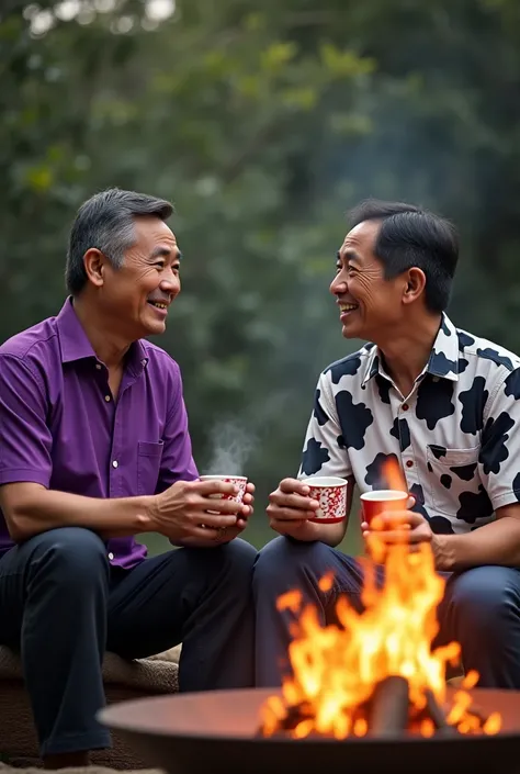 Two middle-aged men in their 40s Vietnamese one in purple one man in a cow shirt sitting drinking tea next to a fire Talking to each other please make me a mock-up