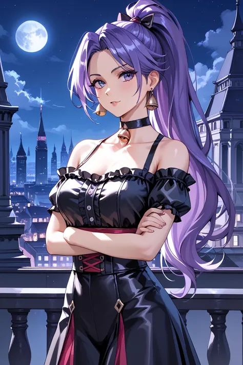  H1mur0ky0uk0ebe、 purple hair、 long hair、 purple eyes, high position ponytail with standing arms crossed, Masterpiece, super detailed, ultra high resolution,8k,4K, beautiful,1 girl, adult woman, sexy,black blouse,scoop neck blouse,ruffles,waist length,blac...