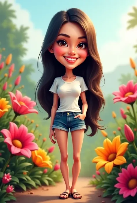 4D caricature of Indonesian woman with long hair , , white leather wearing a t-shirt and wearing short jeans,  wearing sandals ,standing in front of a flower garden , , Indonesian landscape
High contrast ,
high color effect,
8k,
detail,
focus