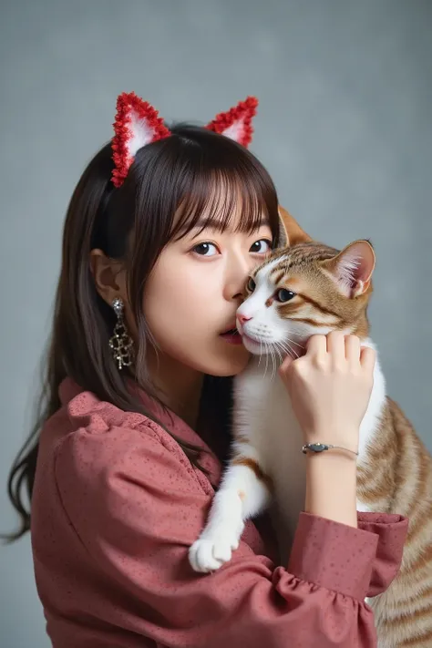 (( Masterpiece,  highest quality,  best image quality,  high resolution,  by Nomi,  RAW Photo , 8k,   bound by high-definition CG synthesis 8K wallpaper))Cat ears, sexy、 Japanese Women、 full body shot,A woman with cat ears is holding a cat ,A woman kissing...