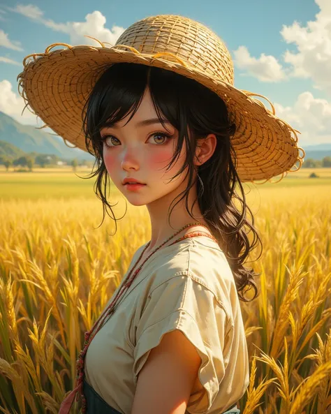 Potret upper body of A girl, on the edge of a rice field, the rice fields are starting to turn yellow, a girl wearing a summer straw hat, wearing casual clothes,High Resolution, Masterpiece, Accurate, Anatomically Correct, Best Quality, Award Winning, Deta...