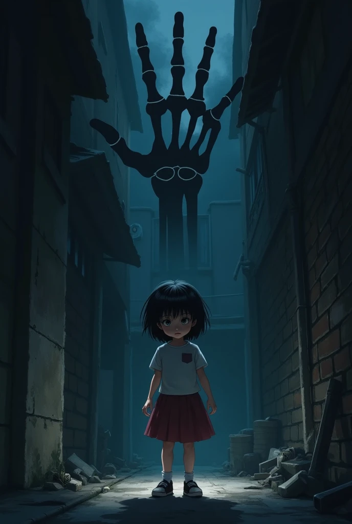 There is a girl whose name is Kim Si-yoon, an elementary school student. The girl left home late at night today. When the girl enters the alley, a black hand stretches out from where