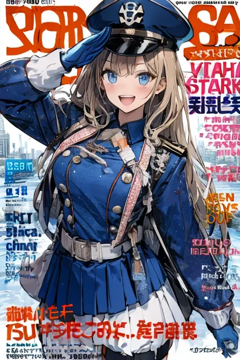 Adult Woman,  Lori face, (masutepiece:1.2, Best Quality), (finely detailed beautiful eye: 1.2), (beautifull detailed face), (perky chest:1.2), (pointed chest:1.1), (captain magazine cover:1.5)，Long dark blonde wavy hair、her thin pubic hair, White and pink ...