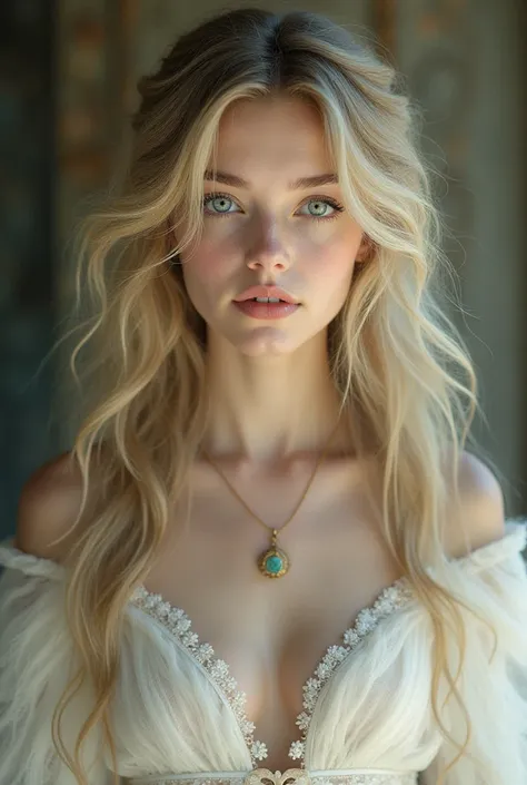 medieval European aristocrat woman, beautiful teenage girl, whitish, fluffy dress, blonde, blue or green jewel eyes, fairy-like appearance