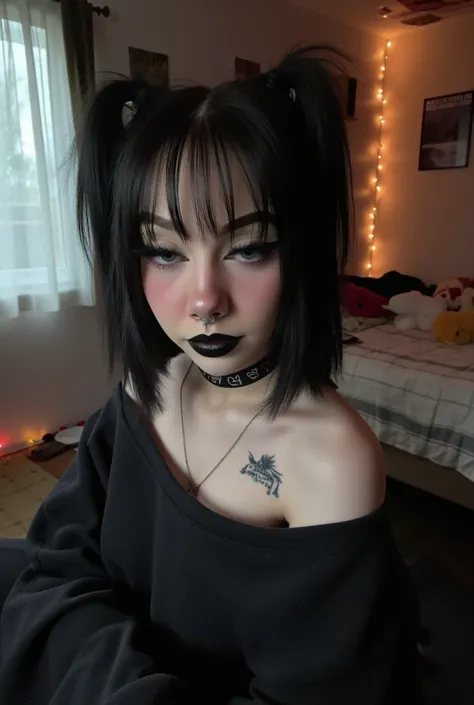 1girl, woman, emo_hairstyle, black lipstick, big choker, eyeliner, eye shadow, mascara, smoky eyes, black lips, bedroom, natural lighting, perfect face, emo, big breasts, black lips, sweatshirt, over the shoulder, tattoo