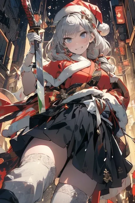 (from below:1.2),((1girl, silver hair, long hair, qutel blue eyes, beautiful eyes, pretty smile:1.5, ), (santa clothes, santa hat, black tights, santa boots), (((holding ominous japanese sword:1.3 ))), ((battlescene,slashilg,killing the mafia,blood splash)...