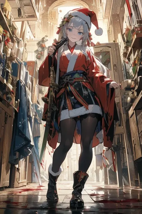 (from below:1.2),((1girl, silver hair, long hair, qutel blue eyes, beautiful eyes, pretty smile:1.5, ), (santa clothes, santa hat, black tights, santa boots), (((holding ominous japanese sword:1.3 ))), ((battlescene,slashilg,killing the mafia,blood splash)...