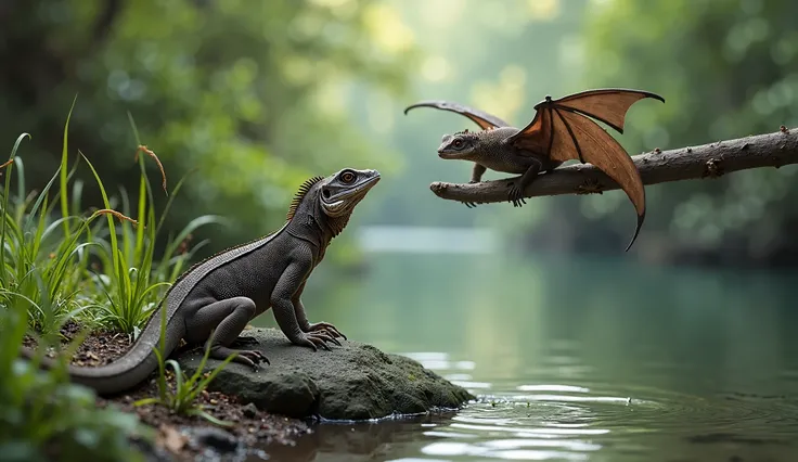 Lizard and bat in River side (realistic photo)