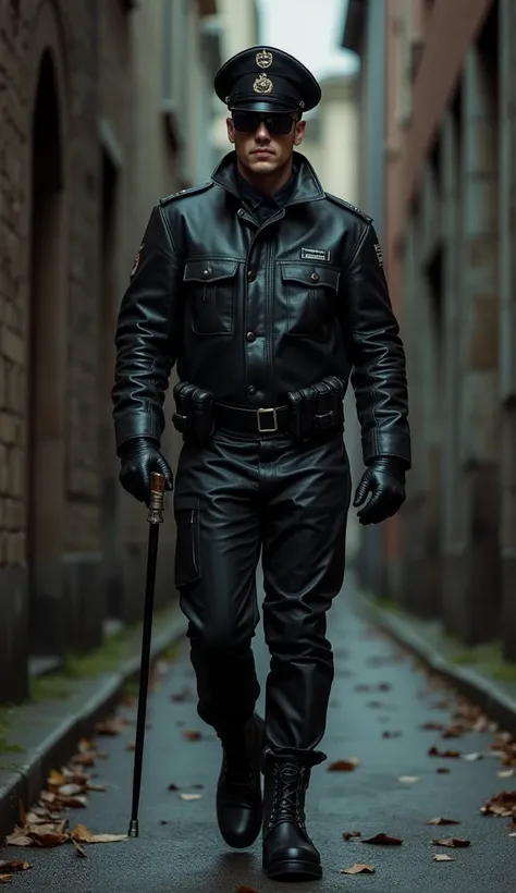 A young German man wearing black German VK79 leather uniform pants, motorcycle leather jacket,  leather gloves,  sunglasses ,  leather boots for riding , German leather VK79 uniform Cuir cap , Police stick in the right fist, In the dark alley  