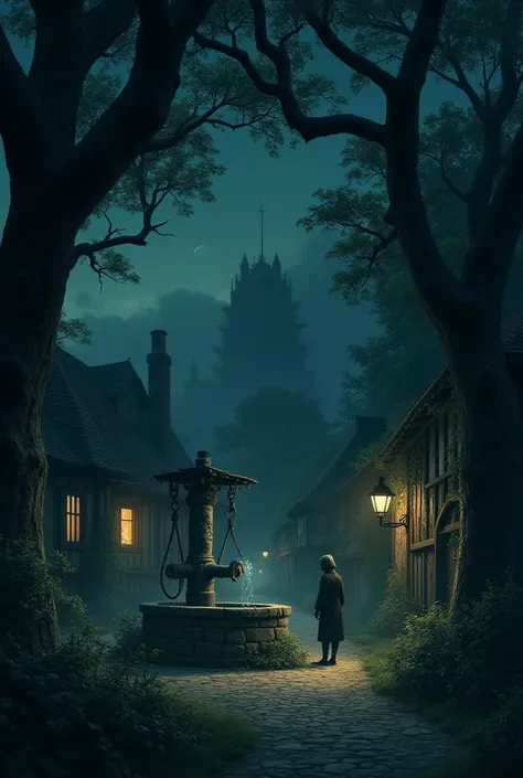 A quiet night in the village, but whispers seem to rise from the well. The wind rustles through the trees, but the voices persist, soft yet insistent.