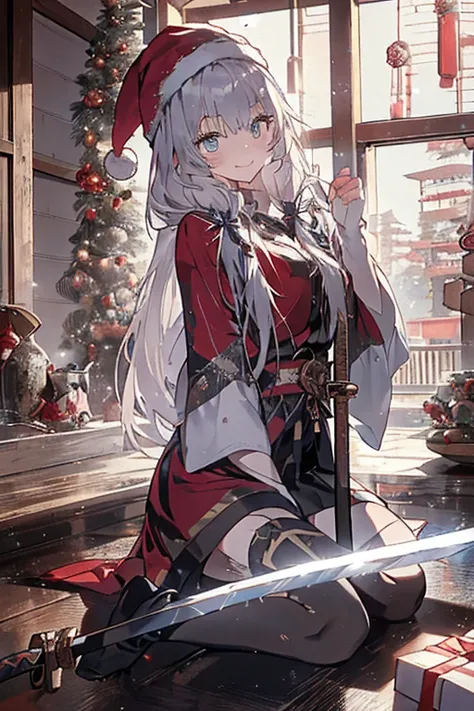 (from below:1.2),((1girl, silver hair, long hair, qutel blue eyes, beautiful eyes, pretty smile:1.5, ), (santa clothes, santa hat, black tights, santa boots), (((holding ominous japanese sword:1.3 ))), ((battlescene,slashilg,killing the mafia,blood splash)...