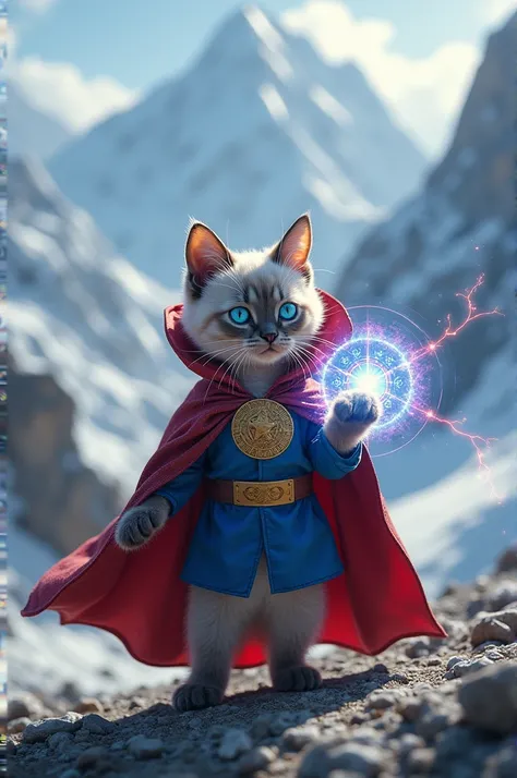 Siamese kitten dressed as Doctor Strange making a portal in the Himalayas 