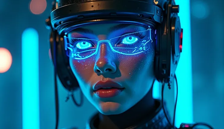 Ultra-detailed 4K portrait of a futuristic cyberpunk character with intricate facial features and a high-tech visor displaying holographic data in vivid neon lights. The character's eyes glow intensely, reflecting an electric blue light that dominates the ...