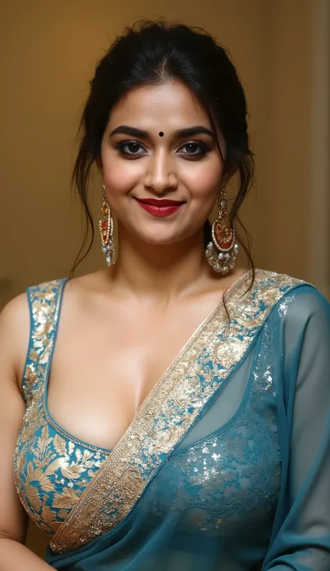 Portrait of a mature Indian milf sitting on a table looking at camera, with lust in her eyes, black hair tied around, flowers in head,sandal mark on forehead, sindhur on forehead (vermilion mark on forehead in the middle of hair partition,transparent Saree...