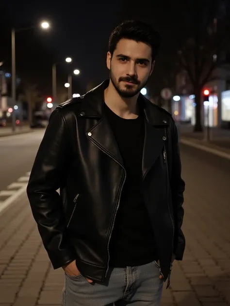 a young handsome turkish guy with muscle,  dark short hair and goatee beard he wearing a black leather jacket with collar and black tshirt and a light loose jeans location is germany and its night random picture amateur photo amateur 