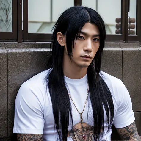 1 man, Japanese man, male, Asian eyes, muscular, broad shoulders, yakuza tattoos, hairstyle Visual Kei style, hair Visual Kei, black men's shirt and black pants, ultra detailed face and eyes, hyperrealistic, realistic representation, long hair, long hair, ...