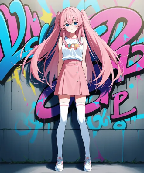 very beautiful & cute anime girl with long pink hair & blue eyes, wearing a pink skirt & a white sleeveless seifuku shirt, white knee-high socks, standing in front of a graffiti wall, 1girl, solo